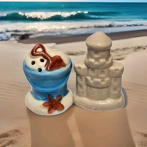 Sandcastle Beach Sand Bucket  Salt & Pepper Shaker Set  Ceramic